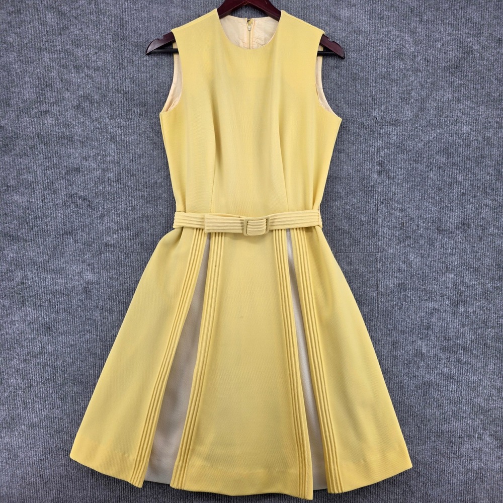 Vintage 60s Mod Yellow Textured Knit Sleeveless Pleated Shift Dress Belted M/L